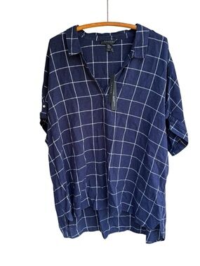 NWT Tahari Navy Windowpane Linen Blend Button-Detail Tunic Size 3X oversized